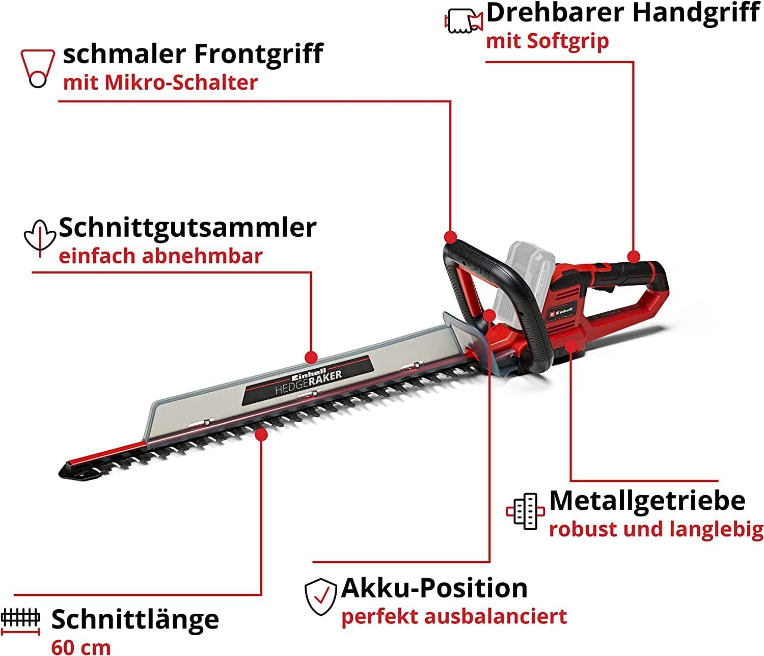 Einhell Akku-Heckenschere GE-CH 18/60 Li-Solo Power X-Change (18 V, 60 cm Schnittlnge, 22 mm Zahnabstand, drehbarer Handgriff, inkl. Schnittgutsammler, ohne Akku)