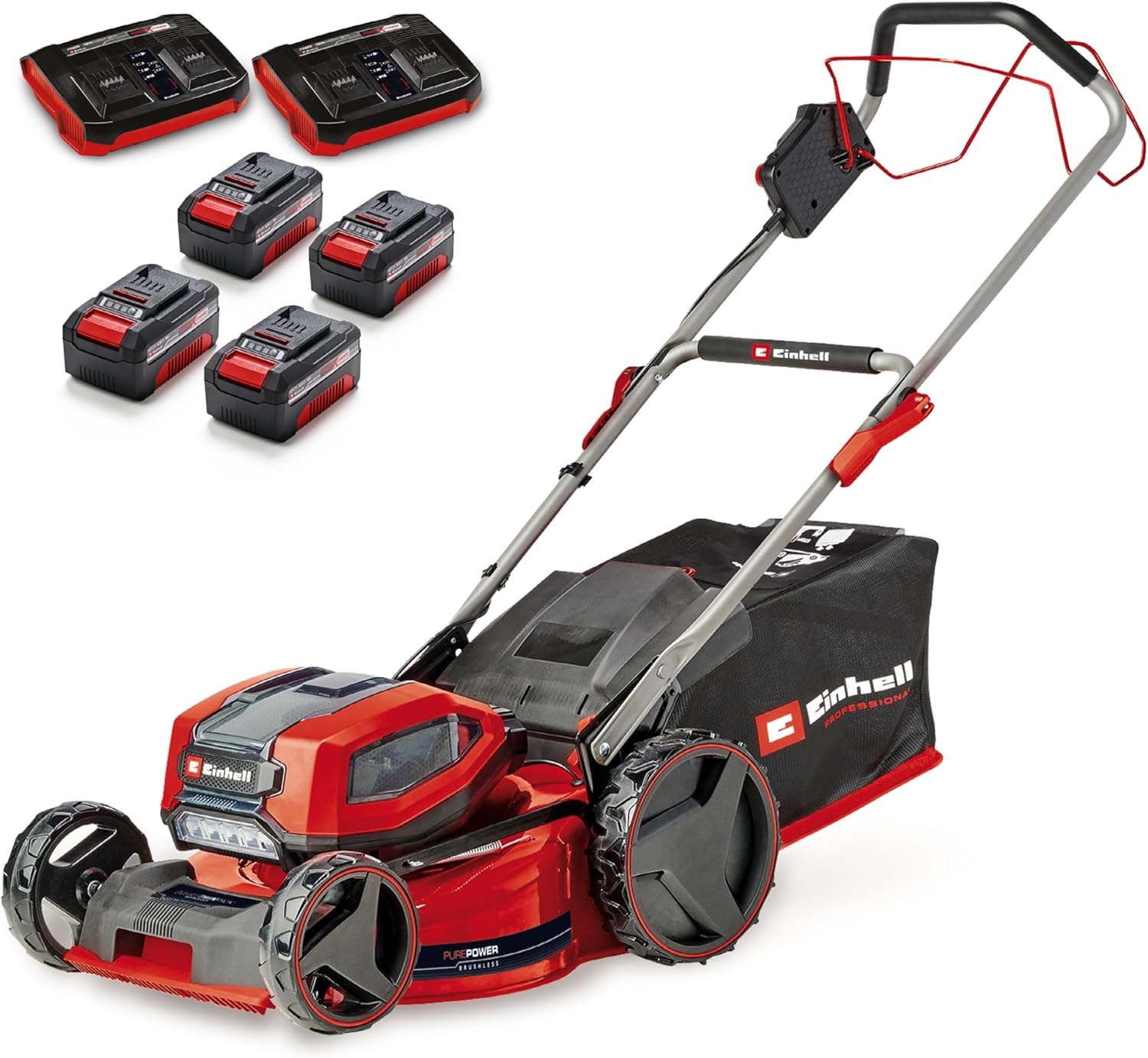 Einhell Akku-Rasenmäher GP-cm 36/47 S Li BL Kit Power X-Change (36 V, 47 cm Schnittbreite, bis 700 m², Brushless, 65 L Fangkorb, Radantrieb, inkl. 4X 4,0 Ah + 2X Twincharger)