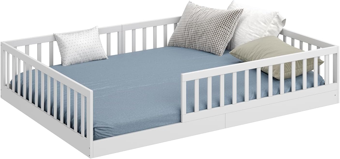 CADANI Timi 2in1 Bodenbett 140x200 cm Montessori Kinderbett mit abnehmbaren Rausfallschutz inkl. Lattenrost, Kiefer Massivholz, weiß - 3 Aufbauvarianten, bis 200 kg belastbar, umbaubar
