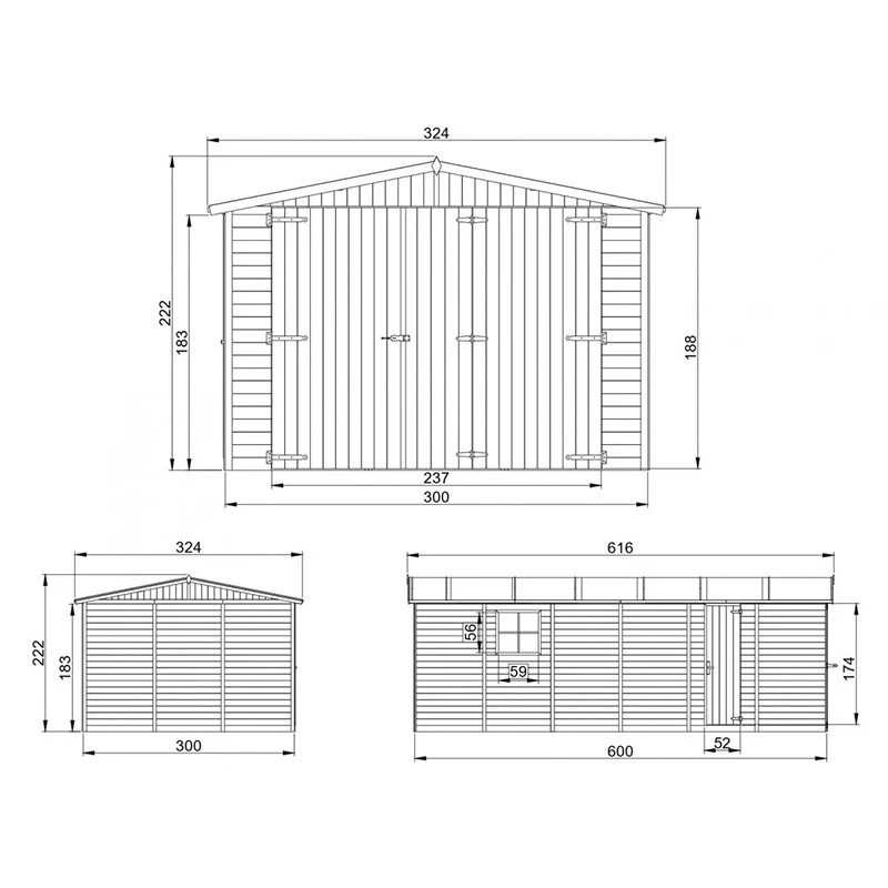 GARAJE de madera 18 m² - trastero con ventanas - A222x616x324 cm - construcción de paneles de madera natural - Taller de jardinería - TIMBELA M102