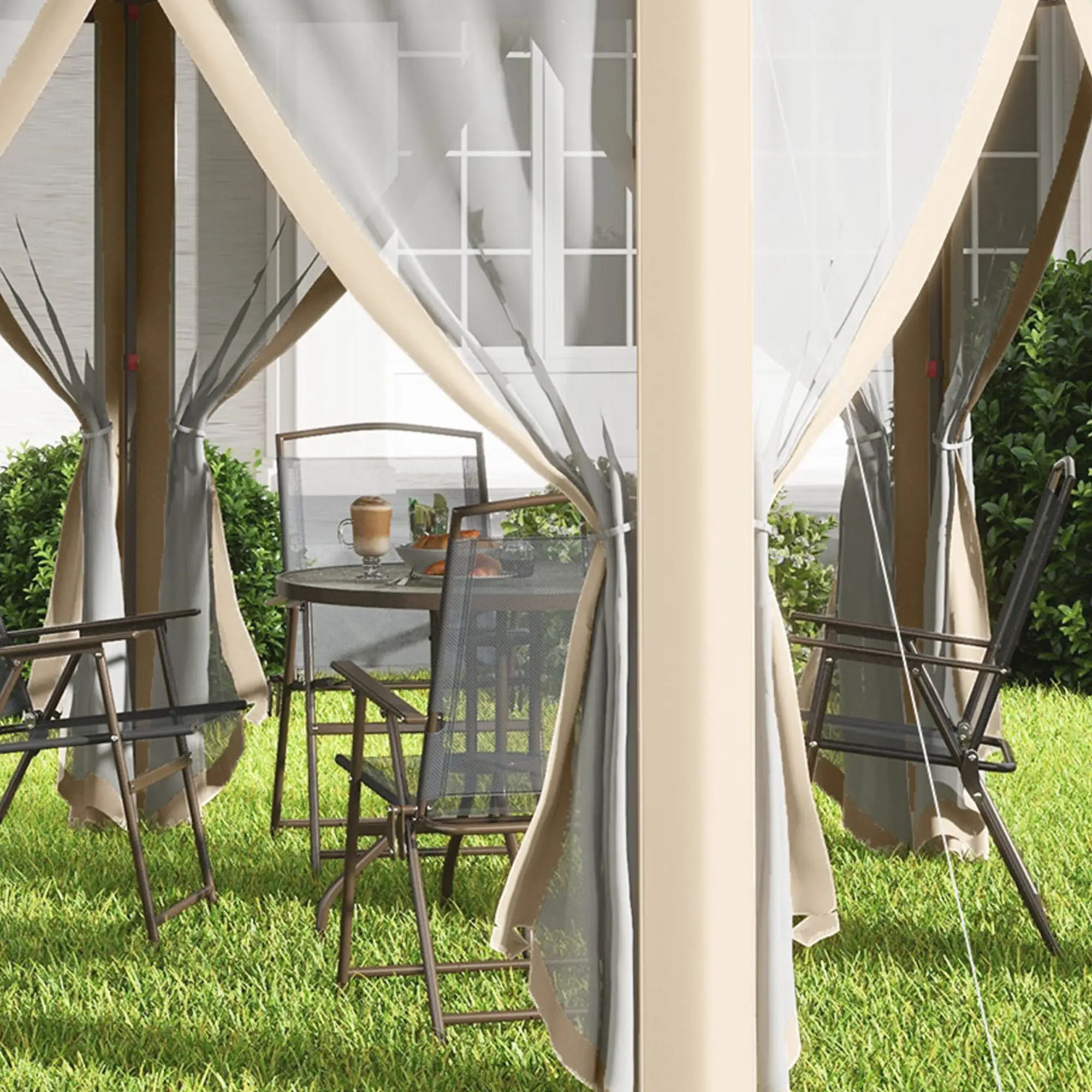 Outsunny Pavillon 4x4 m sechseckig mit Doppeldach Beige