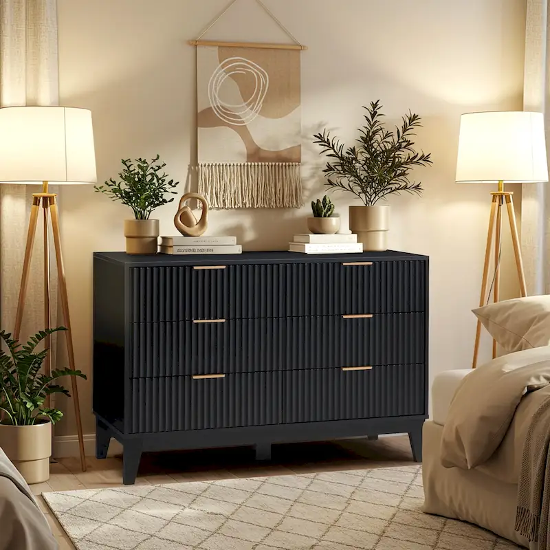 Modern 6 Drawer Dresser with Fluted Front and Metal Handles
