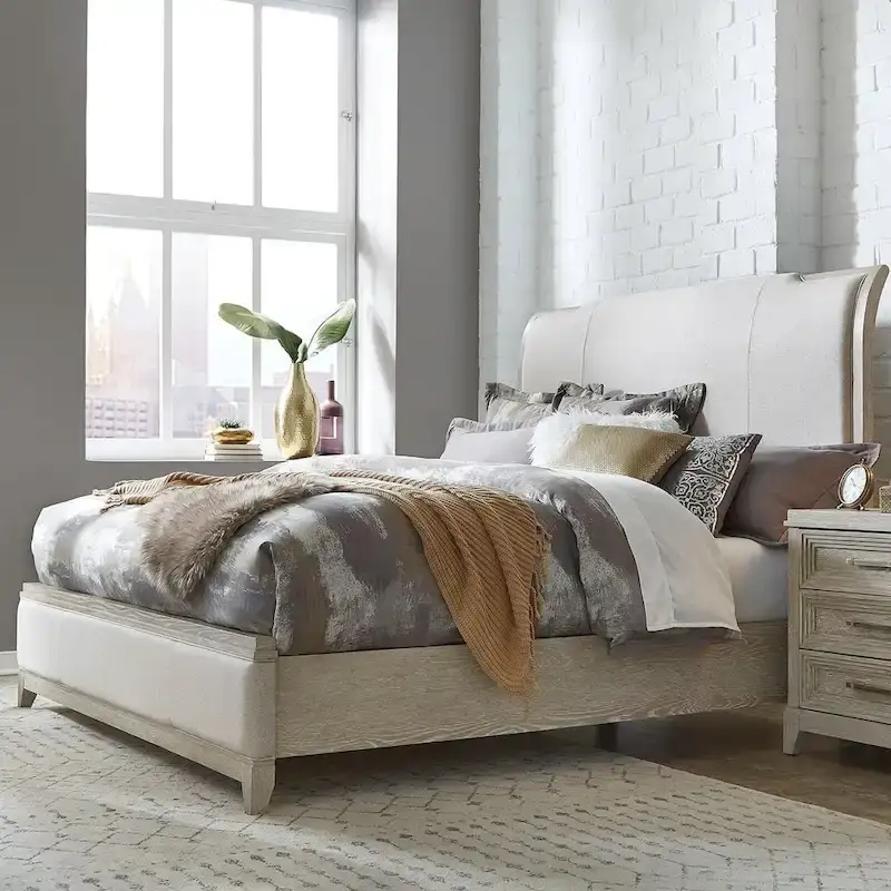 Belmar King Upholstered Bed in Washed Taupe and Silver Champagne
