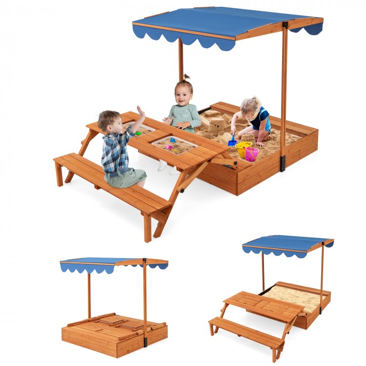 Kids Wooden Sand Box with Foldable Picnic Sensory Table and Bench