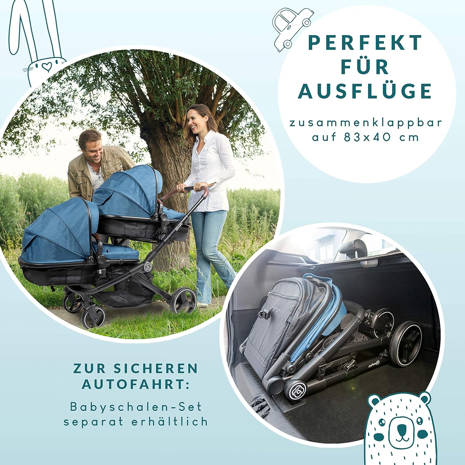 babyGO Kinderwagen 3 in 1 für Zwillinge - Geschwisterkinderwagen/Geschwisterwagen für Babys - Zwillingskinderwagen/Zwillingswagen für 2 Kinder mit viel Zubehör (Blau Melange-ohne Babyschale)