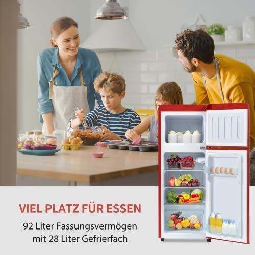 Merax Retro Kühlschrank mit Gefrierfach – Kleiner Mini Kühlschrank, 92L Gesamtvolumen, 28L Gefrierfach, 7 Temperaturstufen, Energieeffizienzklasse D – Ideal für Küche, Wohnzimmer