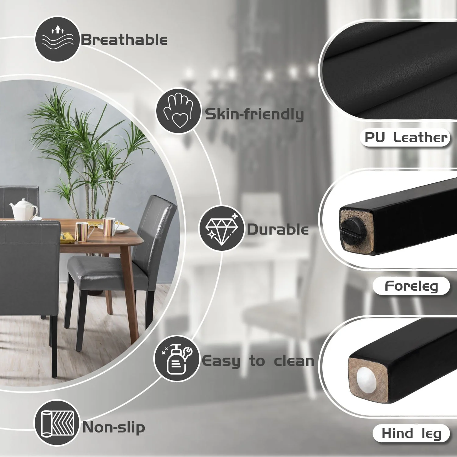 2025 Set de 4 Sillas de Comedor Lacoo Estilo Urbano con Asiento de Cuero PU y Patas de Madera, Color Negro