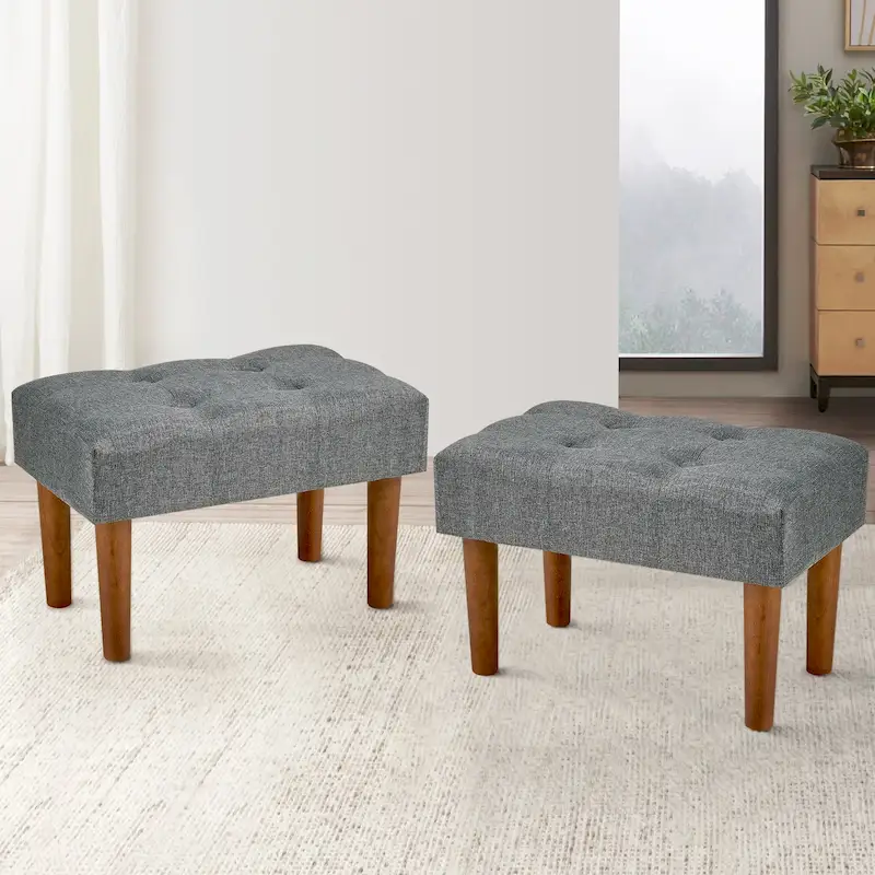 Set of 2 Small Linen Foot Stools with Legs - Rectangle Upholstered Ottoman Footrests