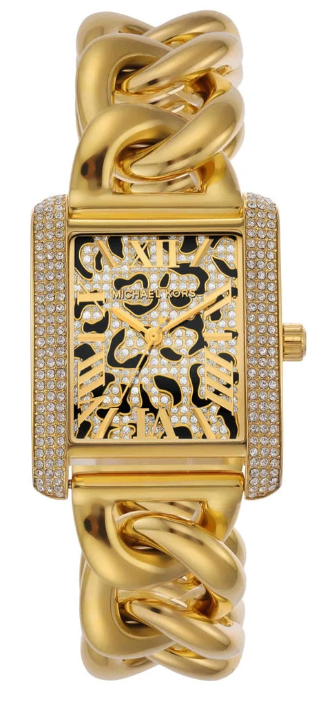 Michael Kors Mini Emery Animal Pavé Rectangular Gold Curb-link/chain Women's Watch - MK7437
