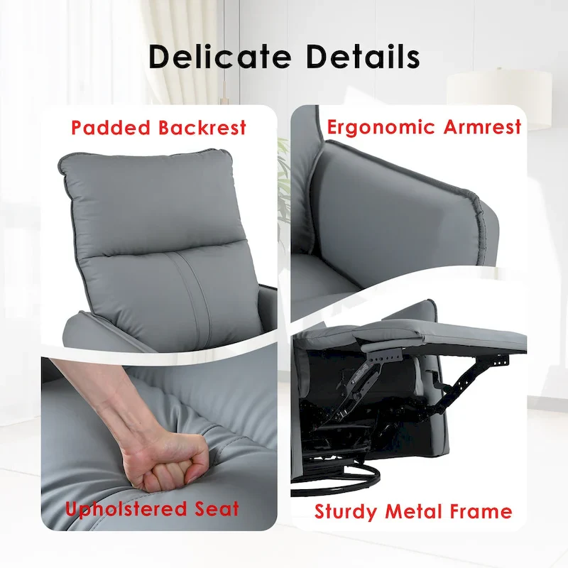 Blue-Gray PU Leather Swivel Glider Rocker Recliner with Pockets, Backrest