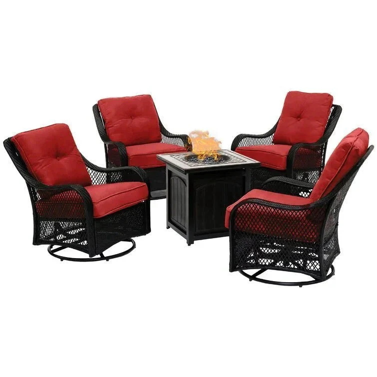 2025 5-piece steel patio fire pit seating set with navy blue cushions, swivel gliders and square fire pit table