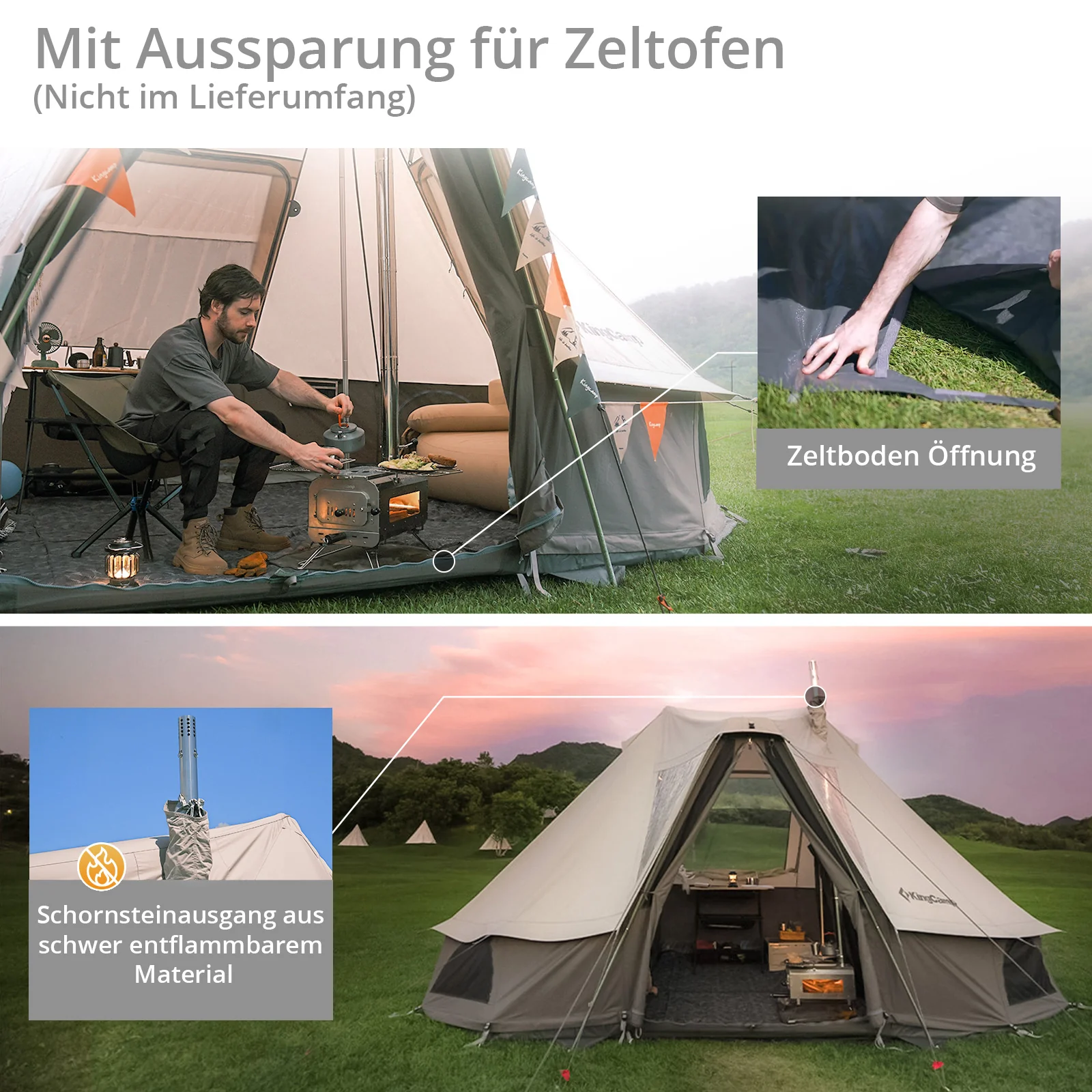 2025 KingCamp Khan Villa – Tienda de grupo glamping de lujo con 240 cm de altura interior, salida para chimenea y paredes laterales de malla para una ventilación óptima