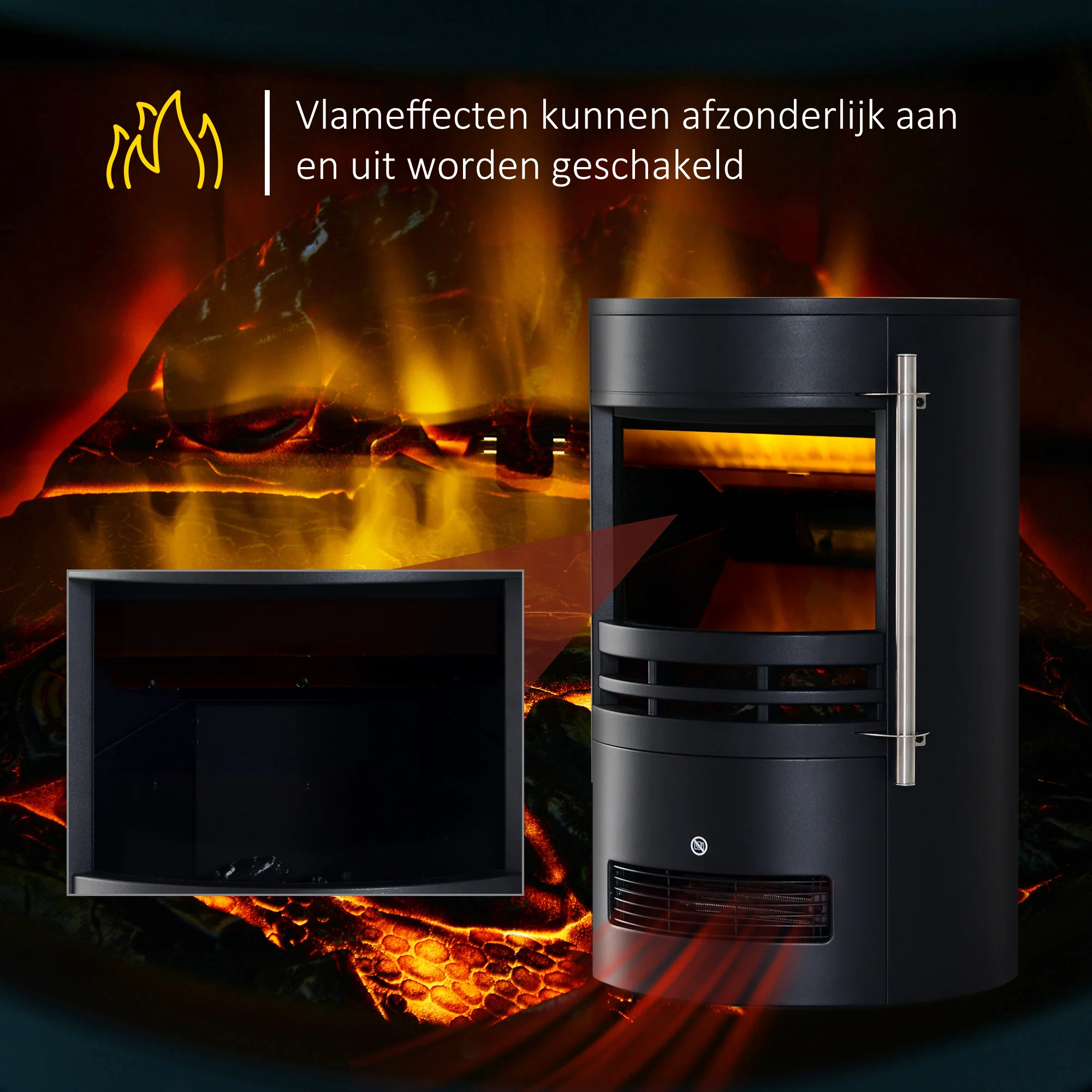 HOMCOM LED Elektrische kachel met vlameffect wandkachel vrijstaande haard haardkachel 900 / 1800 W