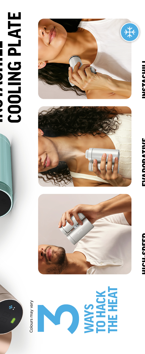 Text reads 'COOLING PLATE' 'WAYS TO HACK THE HEAT'. Product display showing cooling plate device with multiple usage demonstrations on three women's bodies against neutral background.