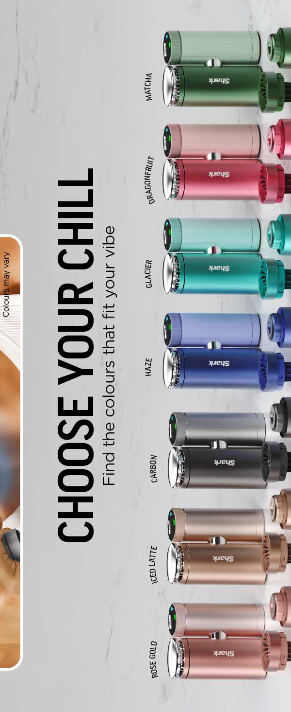 Text reads 'CHOOSE YOUR CHILL', 'Find the perfect flavor for you'. Display of eight beverage bottles in varying colors: red, bronze, black, blue, turquoise, pink, and green variants lined up horizontally.