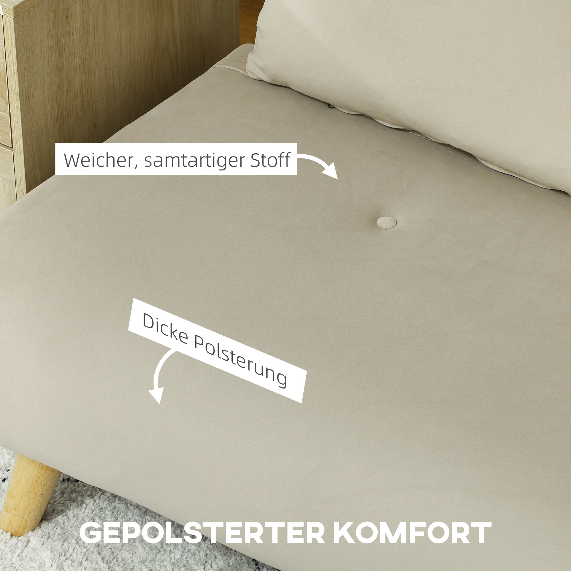 HOMCOM Slaapbank Relaxbank Sofa Couch, Incl. 2 Kussens, Fluweeloptiek, 130 x 78 x 79 cm, Beige