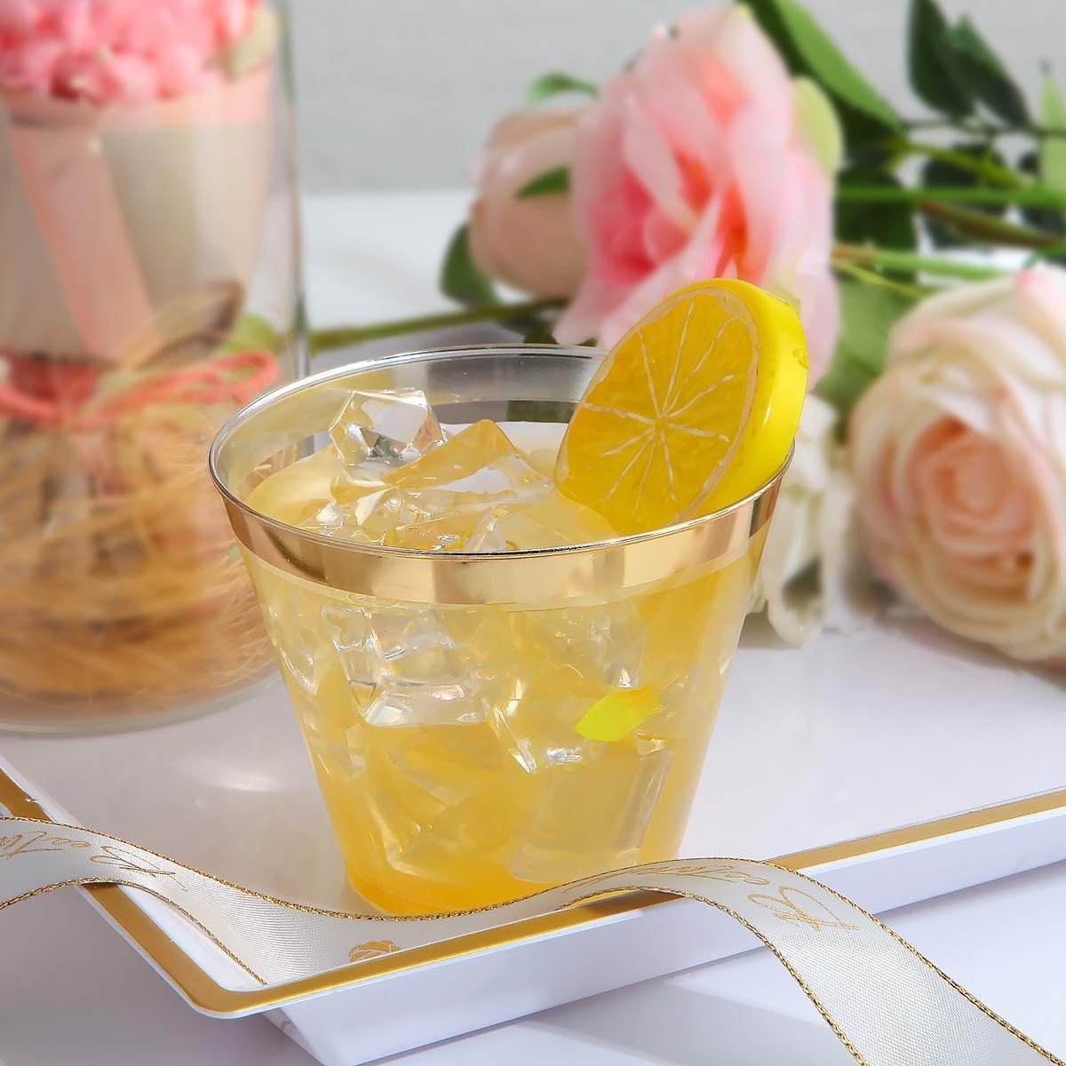 100000 200 Pack Gold Plastic Cups, 9 Oz Elegant Clear Plastic Cups Gold Rimmed Disposable Wine Glasses Fancy Disposable Party Cups Wedding Cups Drinking Tumblers Plastic Cocktail Glasses with Gold Rim