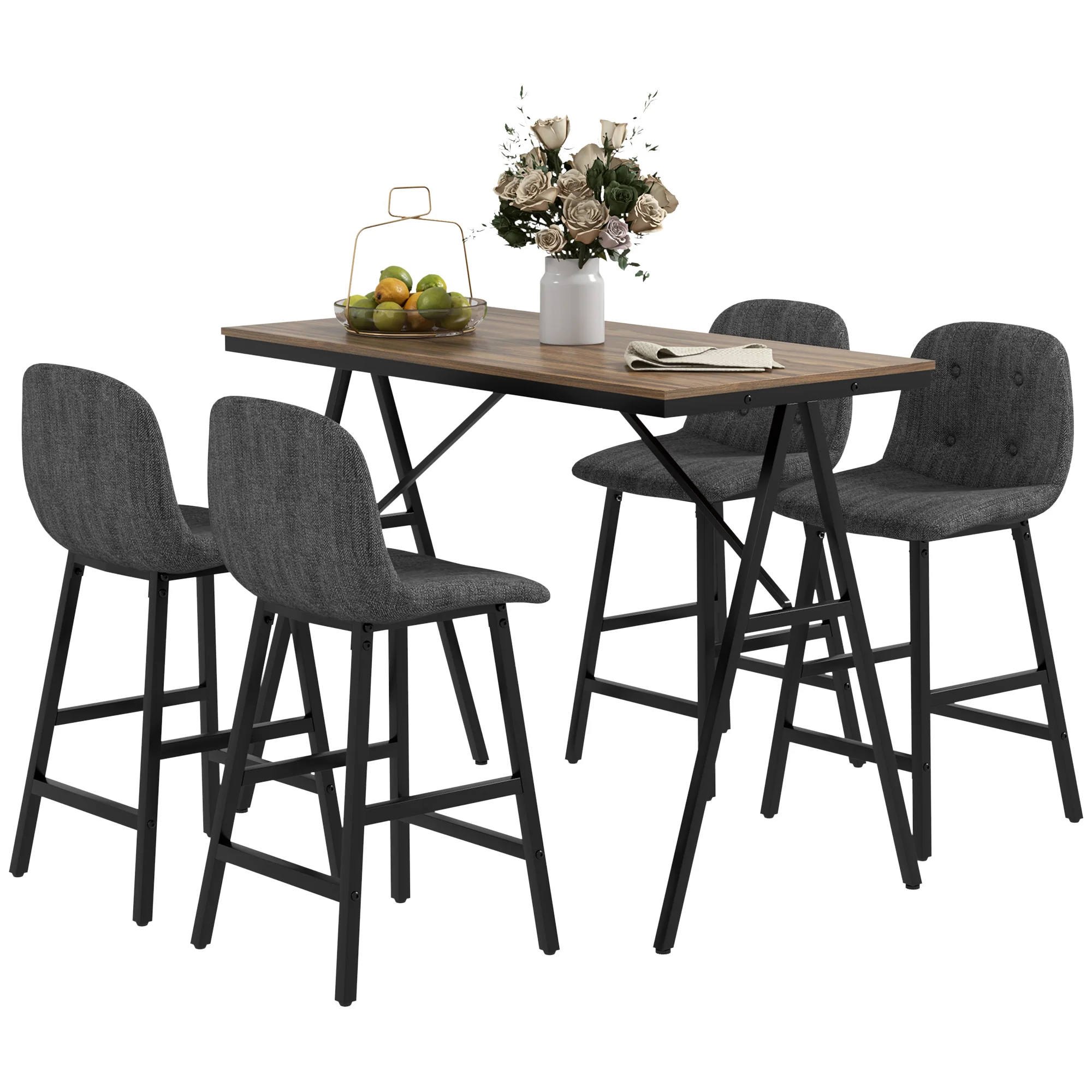 HOMCOM 5-delige Bargarnituur, Tafel en 4 Stoelen, Knoopafwerking, Dikke Bekleding, Linnenlook, Donkergrijs