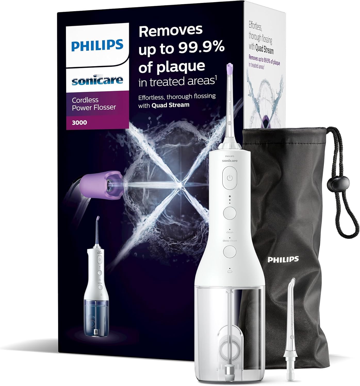 Philips Sonicare trådlös Power Flosser 3000 mundusch, vattenflops för tänder, tandkött och tandvård, i svart (modell HX3826/33)
