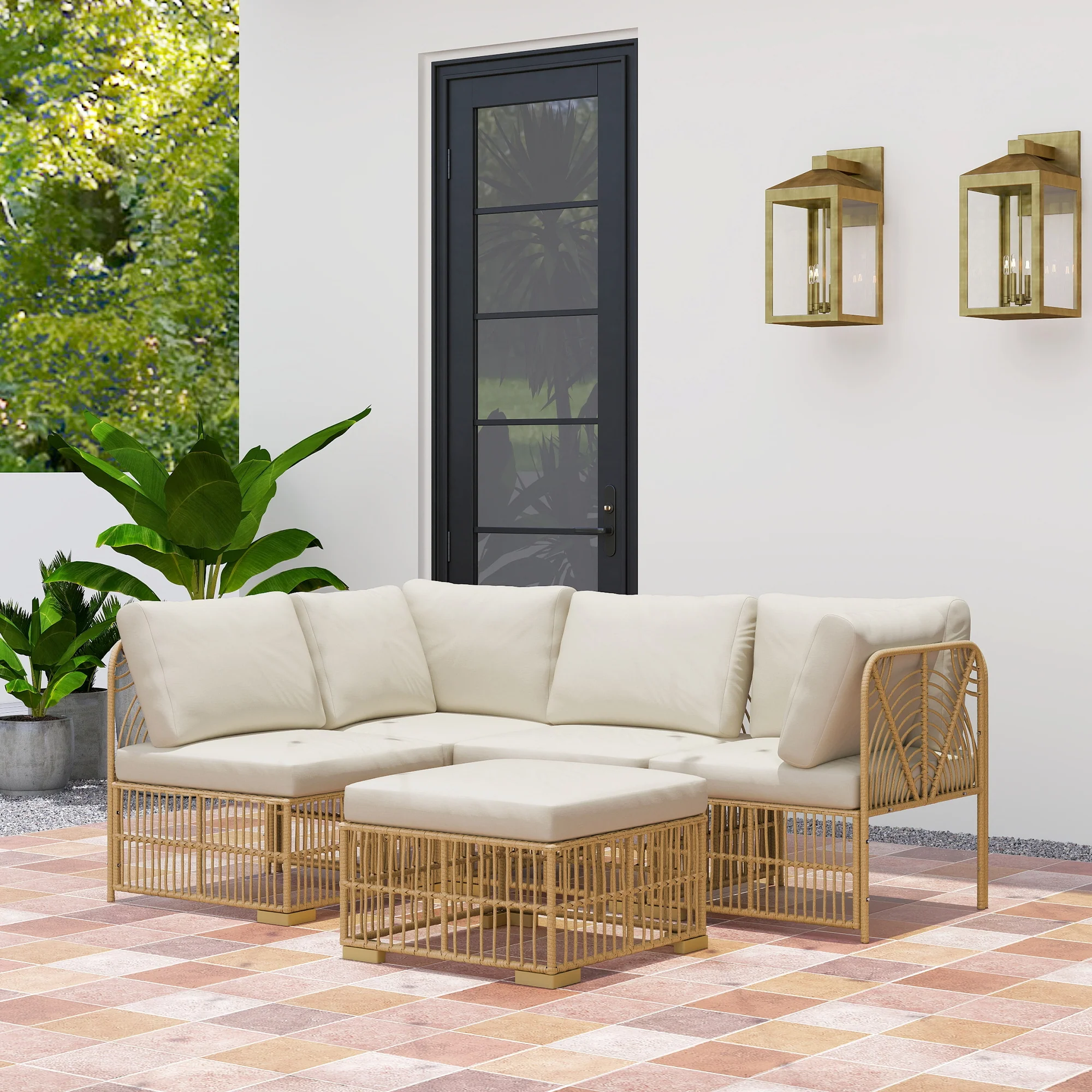 Outsunny 5-delige Tuinmeubelset, 2 Hoekstoelen, 2 Middelstoelen, Voetenbank, Zitkussens, Rugkussens, Lichtbruin+Cremewit
