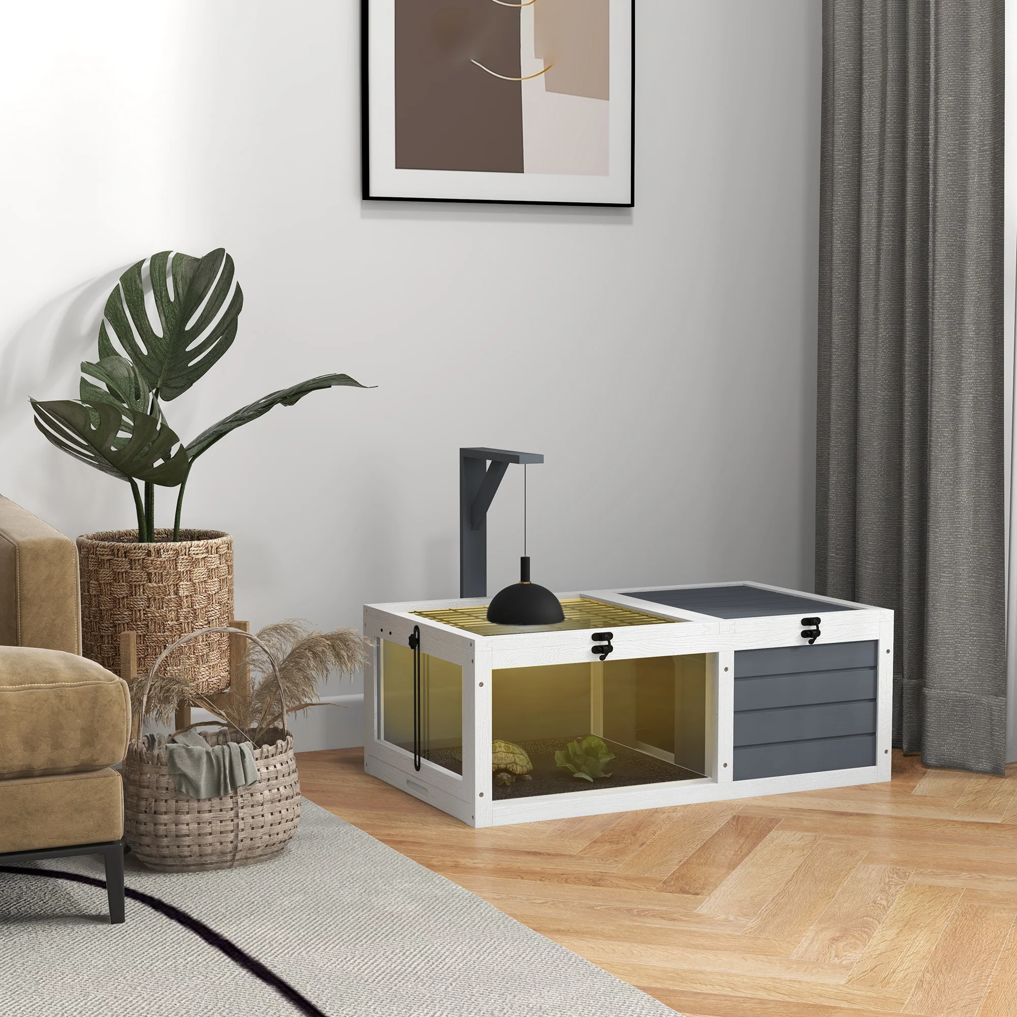 2025 Casa para tortugas PawHut con soporte para lámpara de madera, gris