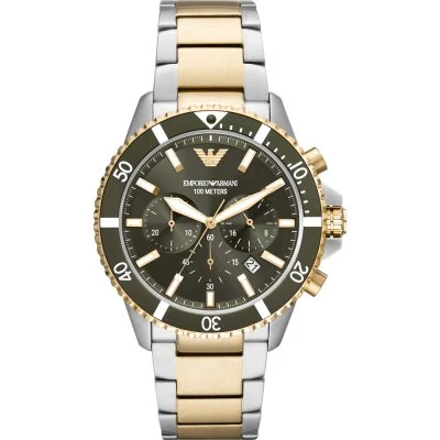 Emporio Armani Diver Chronograph Green Dial Two Tone Steel Strap Watch AR11361