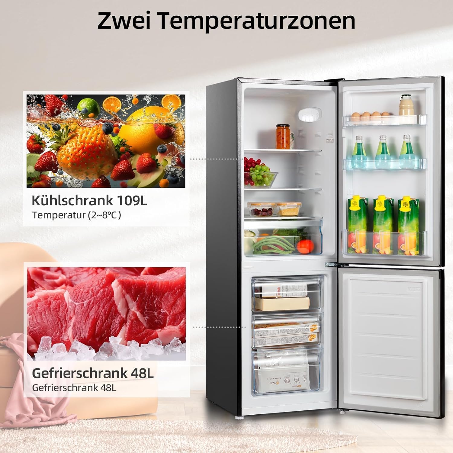 CHIQ Freistehender Kühlschrank mit Gefrierfach 157L (109L/48L) | Auto-Drain, 4-Sterne-Gefrierschrank | 47 cm B | LED Licht, Flexible Anpassung, Türausrichtung Wechselbar | Schwarz Inox