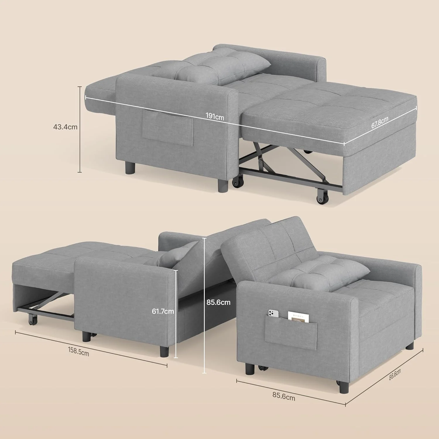 2026 Bealife Relaxsessel, Schlafsessel mit Verstellbarer Rückenlehne, Fernsehsessel, Klappbares Schlafsofa, Relaxsessel fürs Wohnzimmer,Schlafzimmer (Hellgrau)