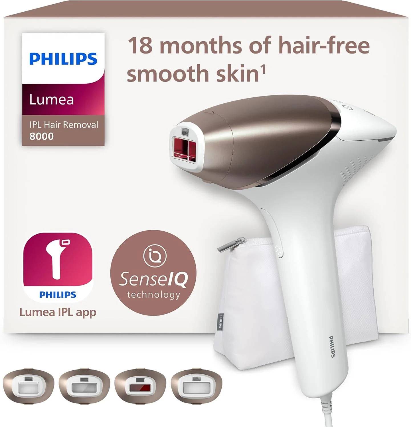 Philips Lumea 8000 Series, IPL-Haarentfernungsger?t, Alternative zur Laserhaarentfernung, SenseIQ Technologie, 4 Aufs?tze f��r K?rper, Gesicht, Bikinizone und Achselh?hlen, Modell BRI948/00