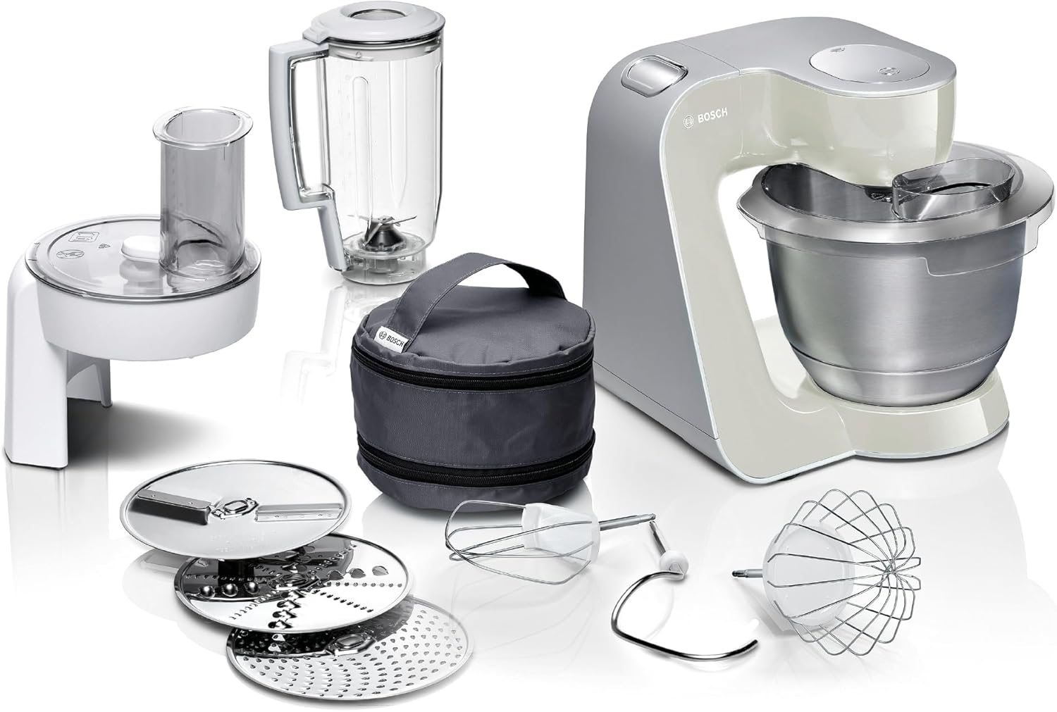 Bosch Küchenmaschine Serie 4 MUM58720,Edelstahl-Schüssel 3,9 L, Mixer 1,25 L, Planetenrührwerk,Knethaken,Schlag,Rührbesen, Durchlaufschnitzler, 3 Scheiben, 1000 W, Dunkelrot/Silber