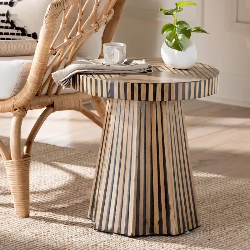 Devika Contemporary Bohemian Two-Tone Bamboo End Table in Natural and Dark Brown