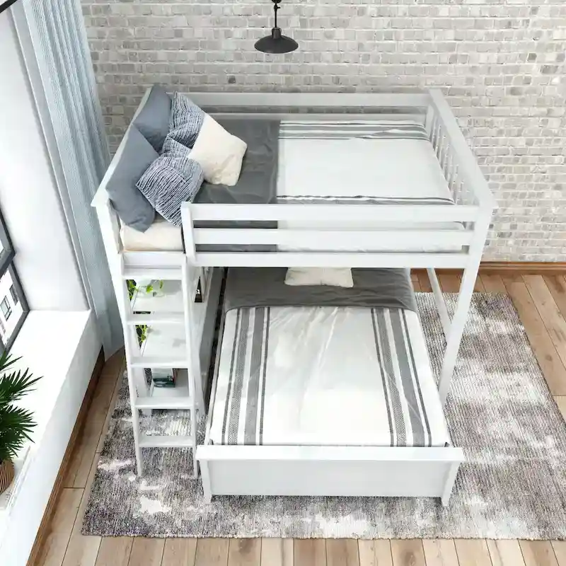 Plank and Beam L-Shaped Full over Full Bunk Bed with Bookcase