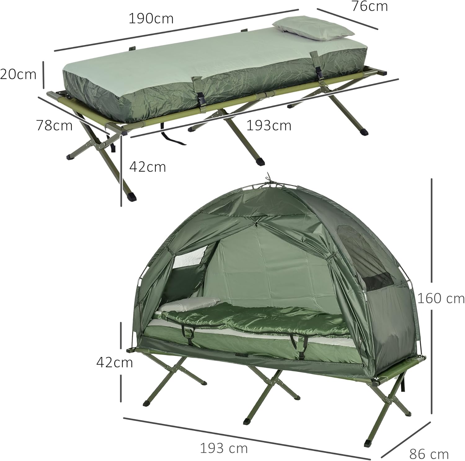 Outsunny Feldbett 4 in 1 Camping Set mit Zelt Schlafsack Matratze faltbar, Dunkelgrün