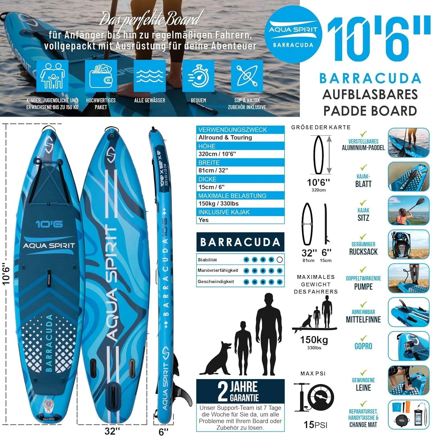 2025 Aqua Spirit Opblaasbaar SUP Paddleboard / Kajak Peddel | 320x81x15 cm | Set met Peddel, Zitje, Rugzak, Pomp en Meer Accessoires | Volwassenen Beginners/Experts (Blauw)