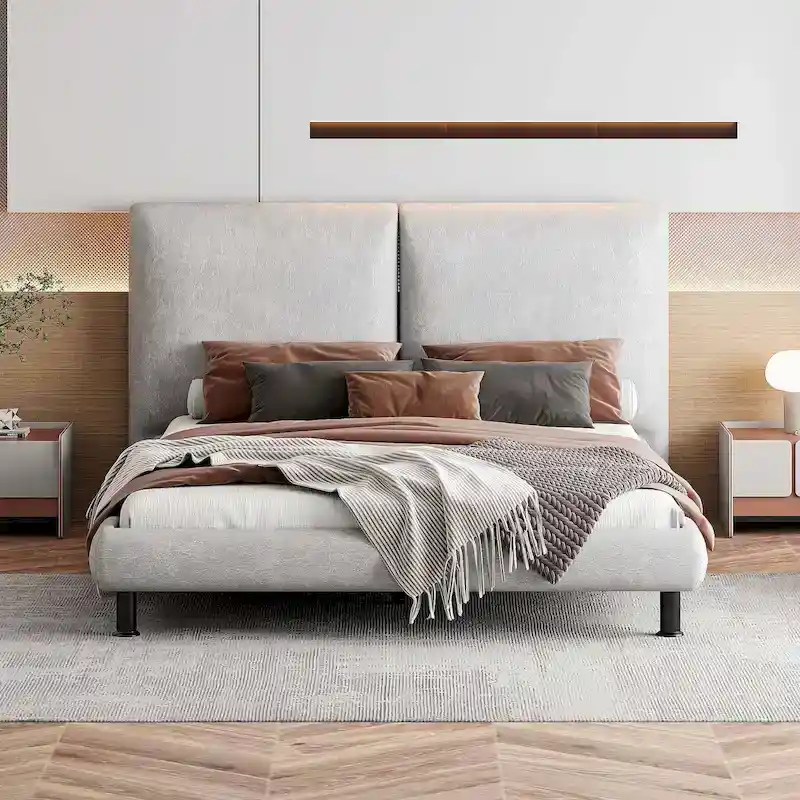 Queen-Sized Polyester Platform Bed Featuring Dual Oversized Headrests