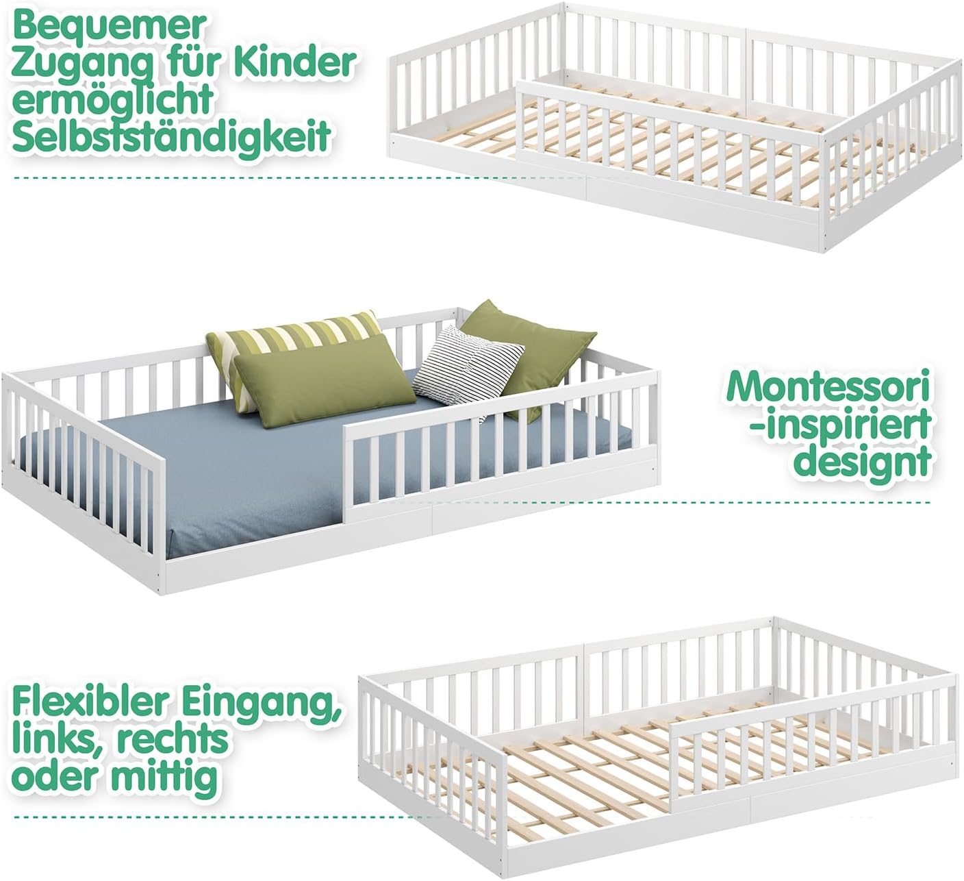 CADANI Timi 2in1 Bodenbett 140x200 cm Montessori Kinderbett mit abnehmbaren Rausfallschutz inkl. Lattenrost, Kiefer Massivholz, weiß - 3 Aufbauvarianten, bis 200 kg belastbar, umbaubar