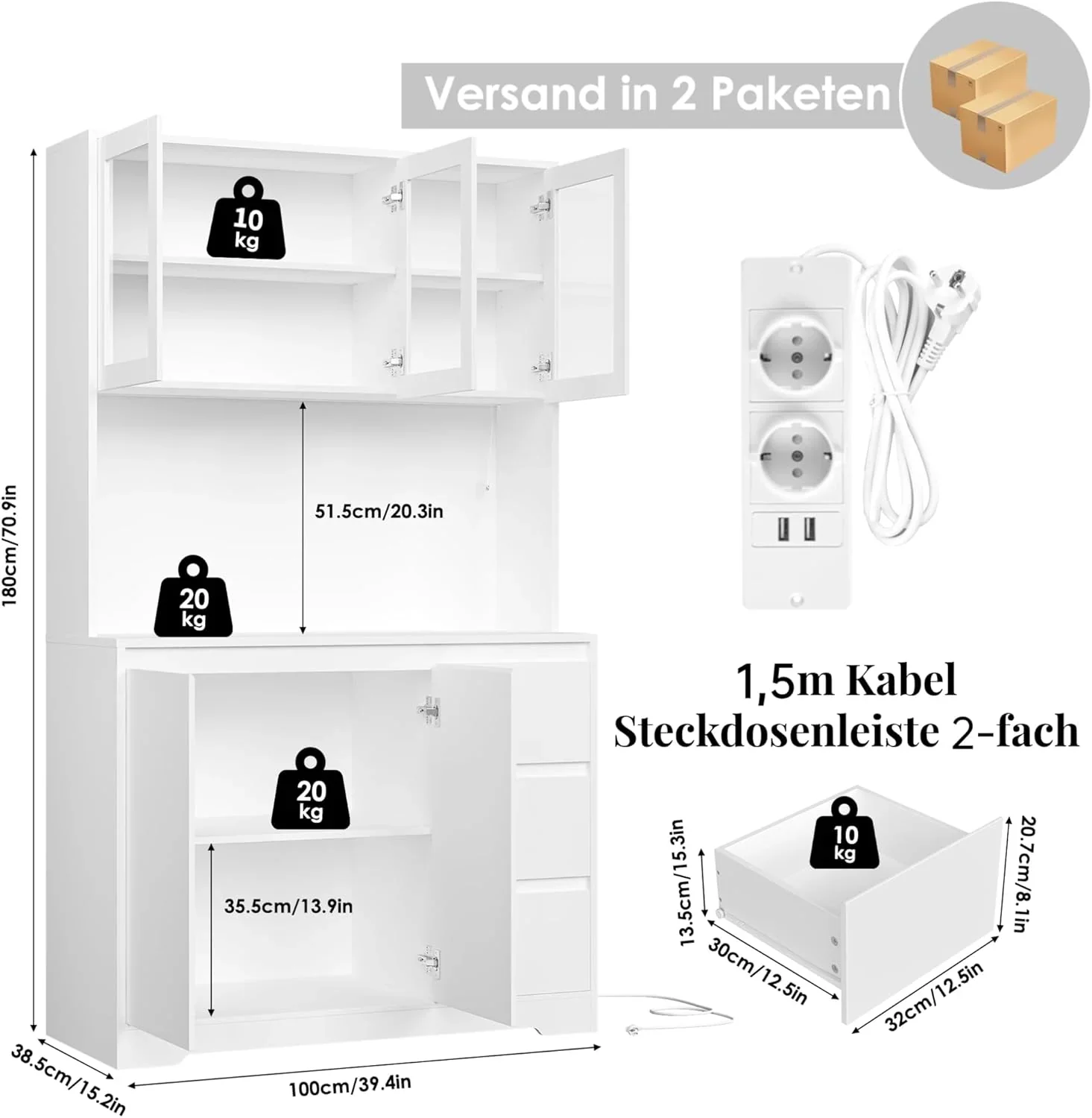 Alacena de cocina FirFurd con LED y regleta, aparador de cocina con encimera y 3 cajones, buffet de cocina con estante ajustable, aparador para cocina, 180x100x38.5 cm, blanco