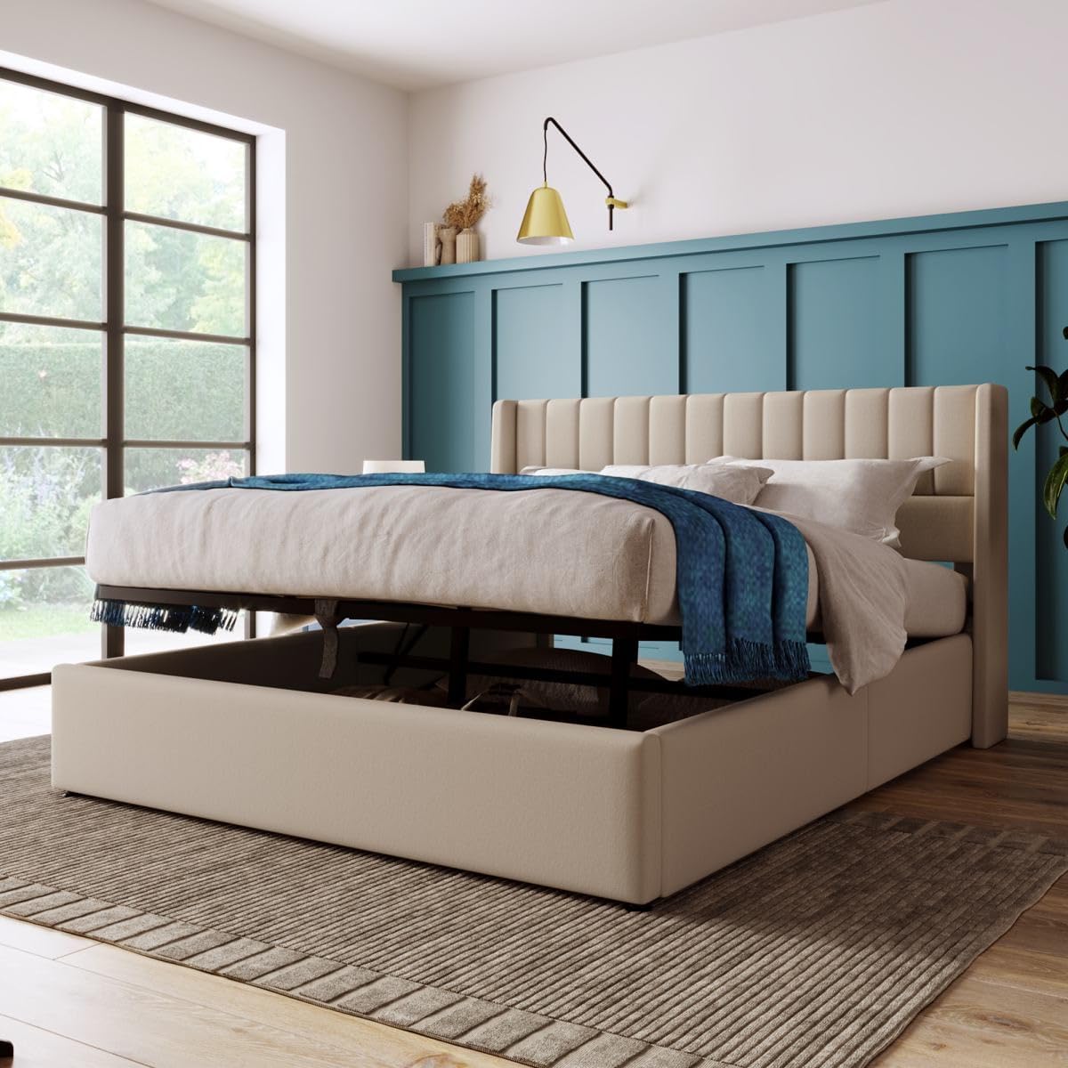 Sweiko Upholstered Linen Bed 180 x 200 cm Hydraulic with Vertical Stripe Design