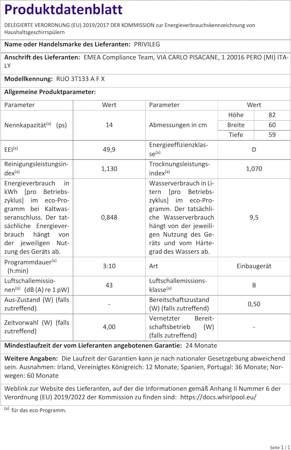 Privileg RUO 3T133 A F X Unterbau-Geschirrspüler 60 cm / 14 Maßgedecke / Fast&Clean 28’ / Auto Door / Push&Go / Option Multizone / Startzeitvorwahl / Vollwasserschutz [Energieklasse D]