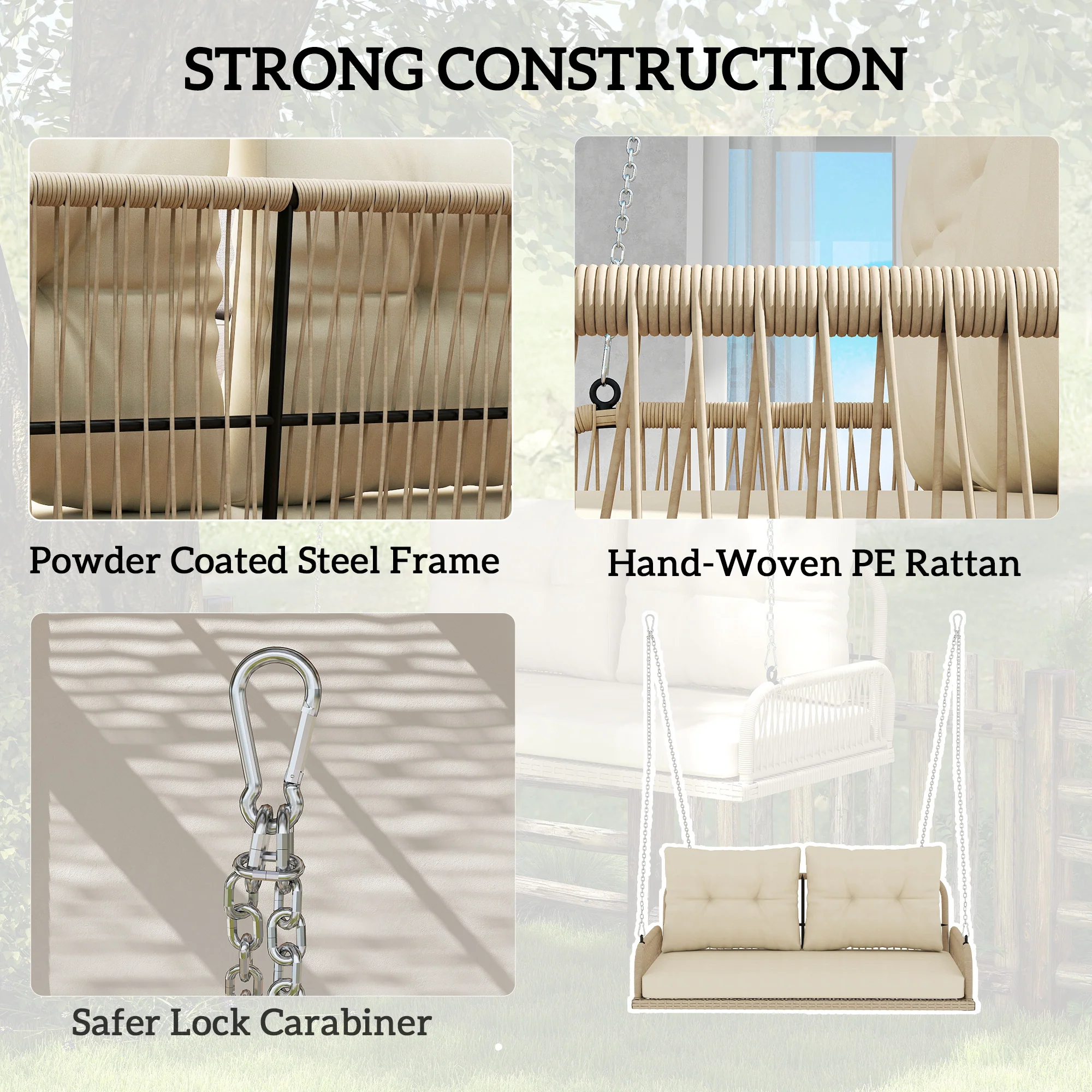 Outsunny Hollywoodschommel 2-Zits Rattan Tuinschommel met Kussens Ketens Tot 240 kg 115 x 66 x 44 cm Beige
