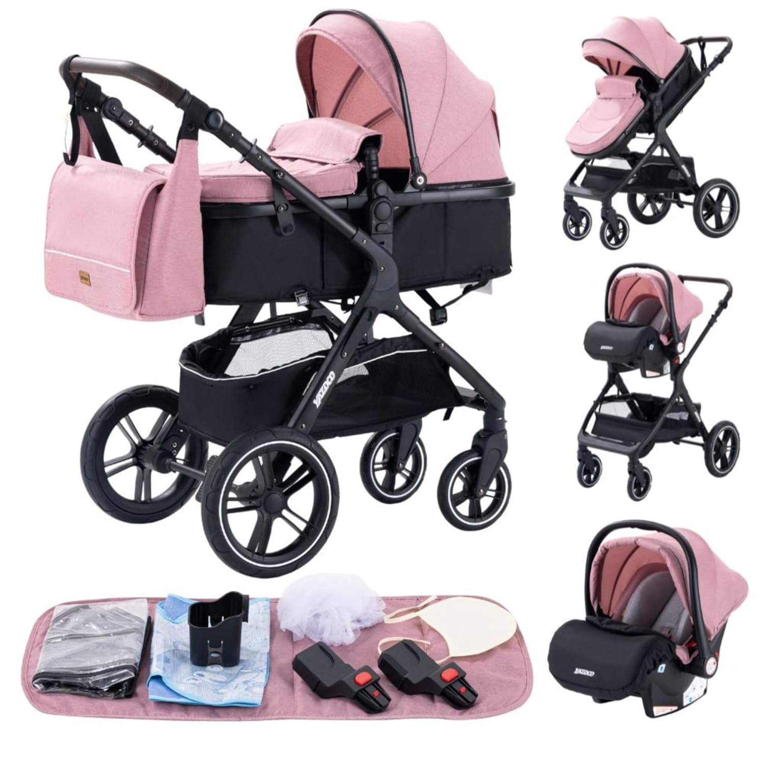 YAZOCO kinderwagen 3 in 1 Buggy Babybett Komplett Set Einem Klick Zusammenklappbarer Kinderwagen, KombiKinderwagen Aluminiumrahmen für Neugeborene (Schwarz)