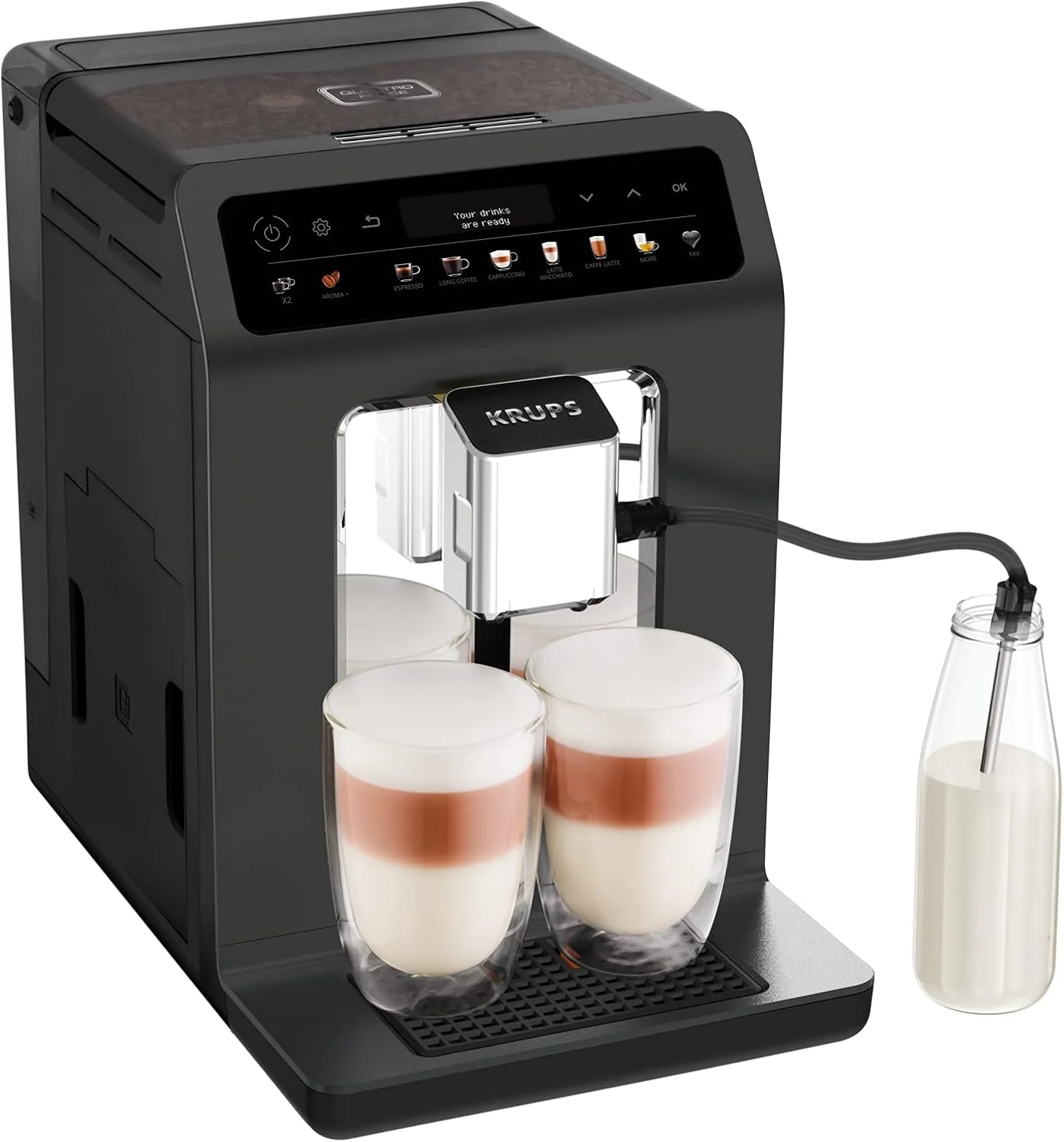 Krups Evidence One Kaffeevollautomat mit Milchschlauch, 12 Getränke, 2-Tassen-Funktion, Farbdisplay, Kaffeemaschine, TÜV-Siegel, Schwarz, EA895N10, Meteor Graphit