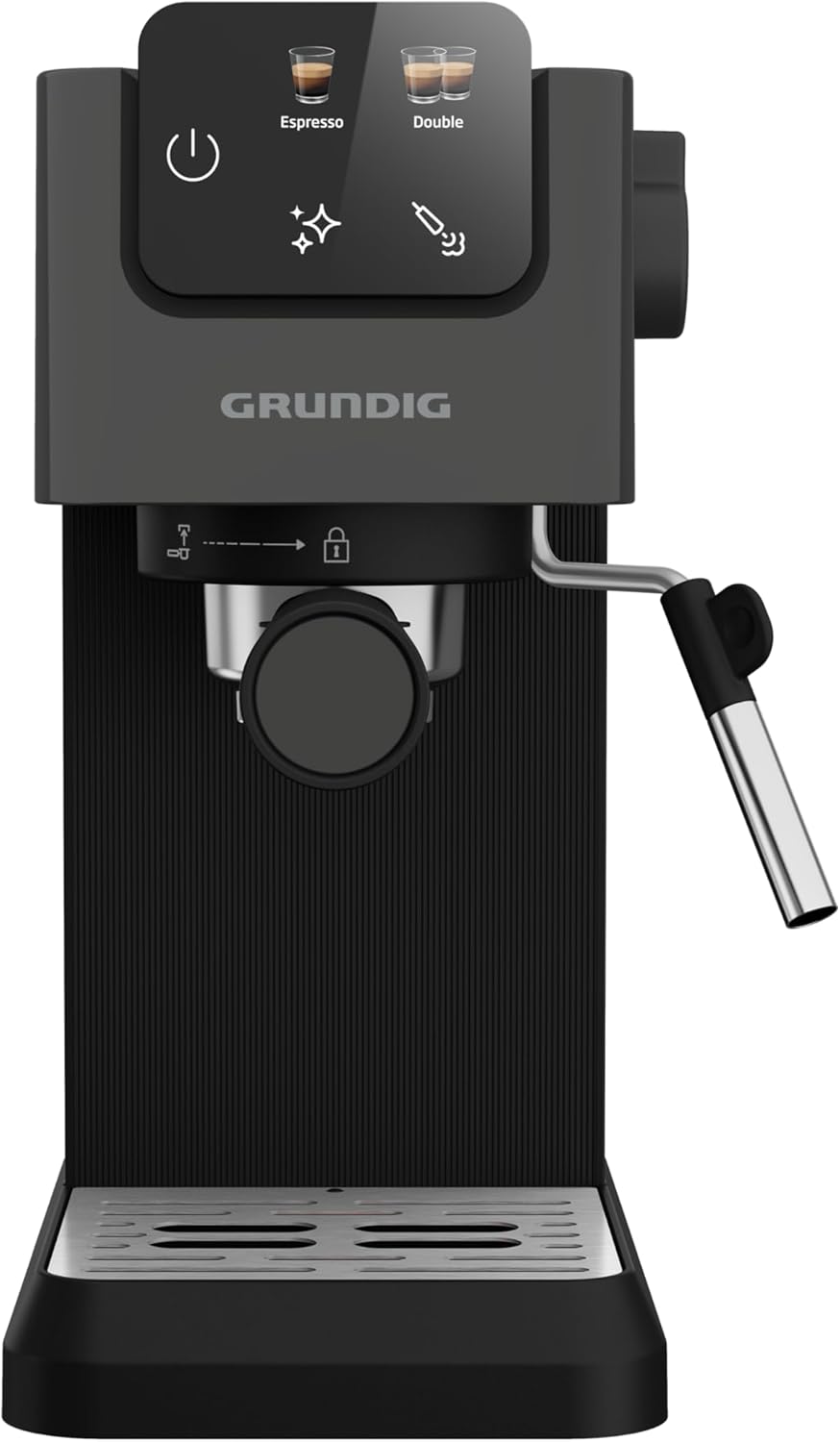 GRUNDIG KSM 5330 Siebträgermaschine mit integriertem Milchbehälter, 1628 W Leistung, 15 bar Pumpendruck, Zweifachdüse, farbiges Touch-Display, BrewSense, CreamyPro, Dark Inox/Schwarz