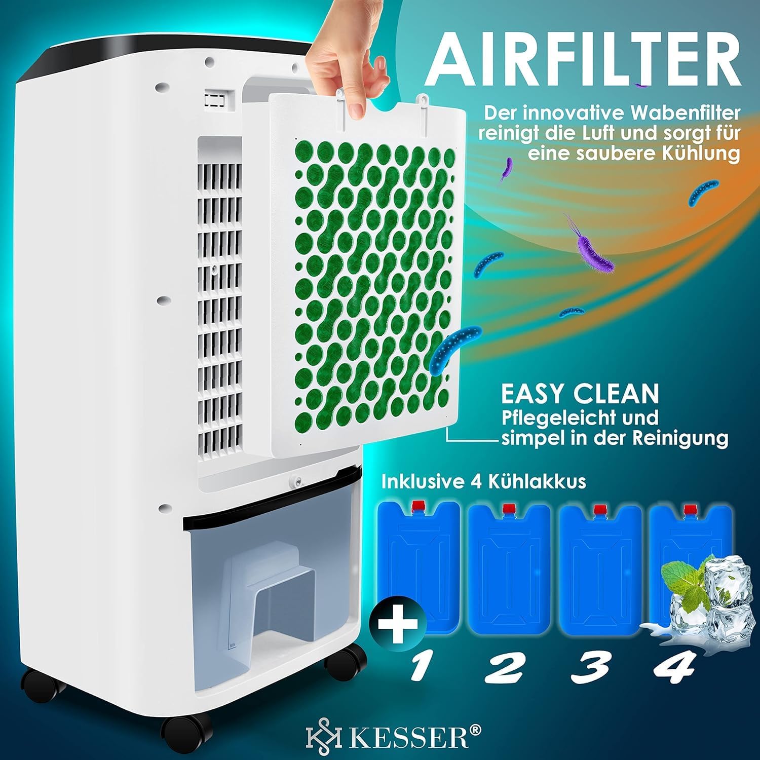 KESSER 4in1 Mobile Klimaanlage | Fernbedienung | Klimagert | Ventilator Klimaanlage | Timer | 3 Stufen | Ionisator Luftbefeuchter | Luftkühler |