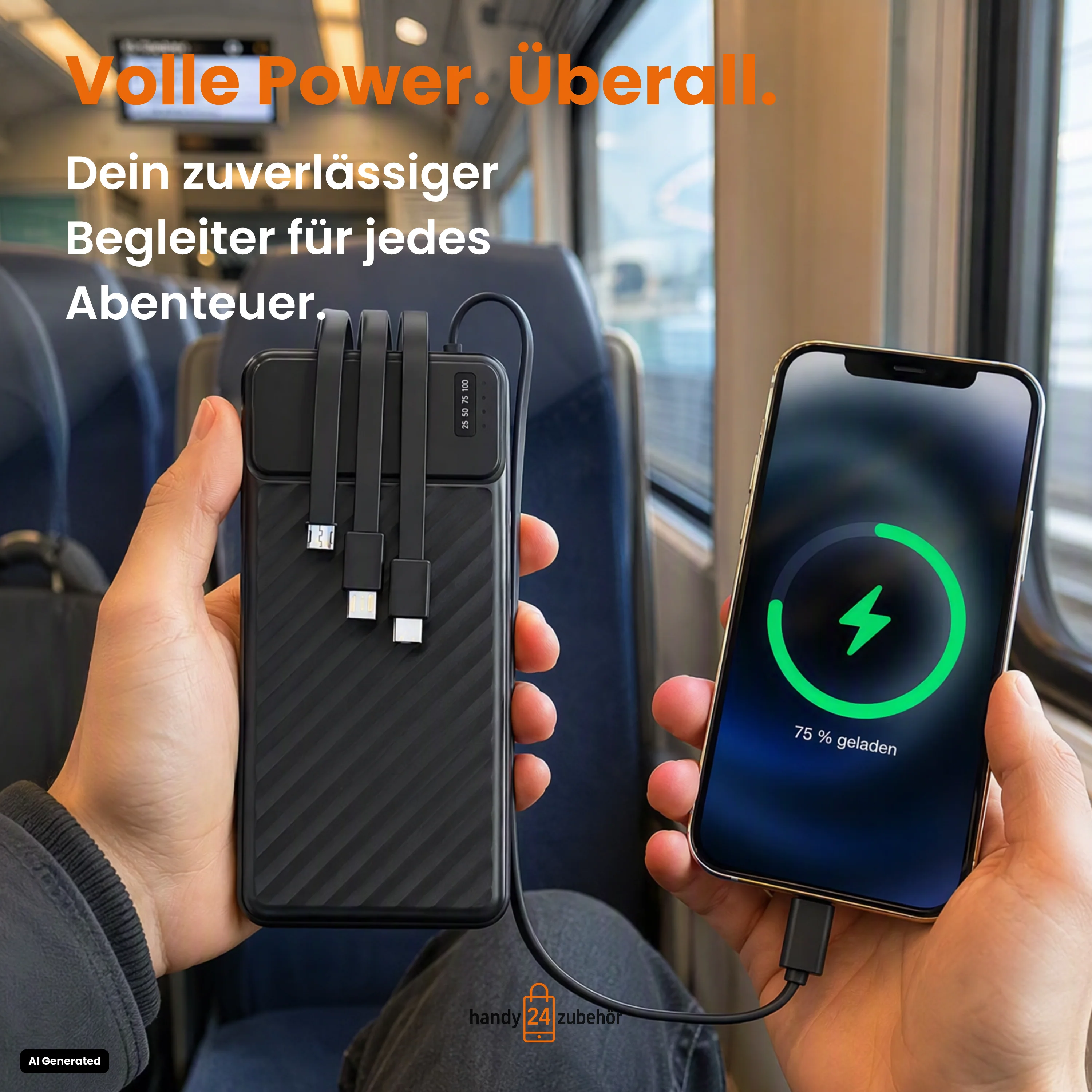 Powerbank 20.000 mAh mit integriertem USB-C-, USB-A & Lightning-Kabel Externer Akku mit Schnellladefunktion