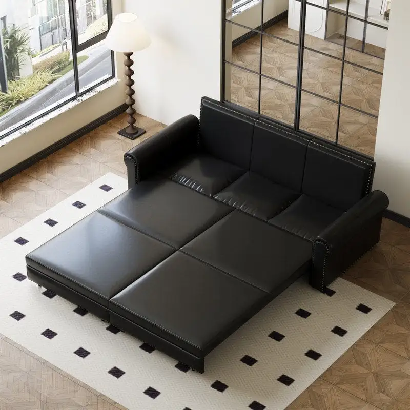 3-in-1 King Pull Out Sofa Bed Chesterfield Sofa, Velvet/Faux Leather Convertible Sleeper Sofa with Nailhead Trim & Rolled Arm