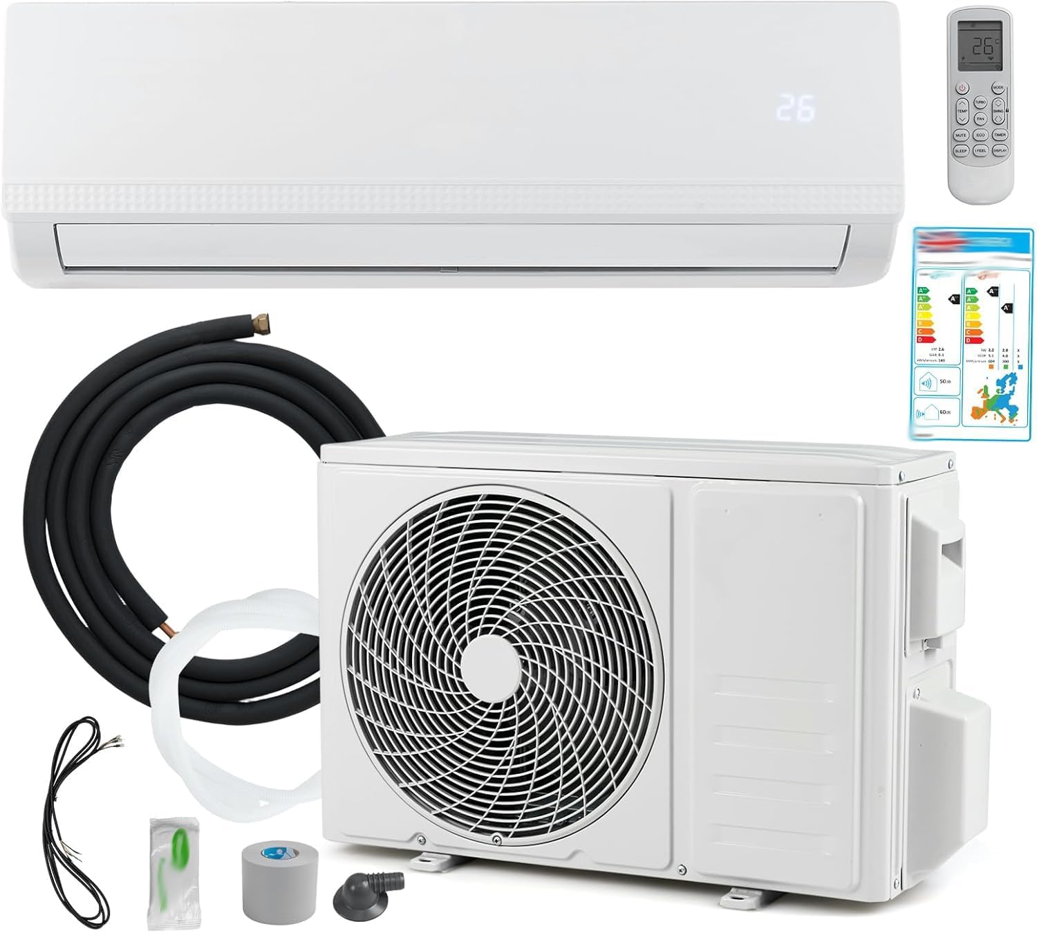 Aire Acondicionado Mural De 9000 Btu, Sistema Split 5 En 1 con Calefacción, Refrigeración, Deshumidificación, Ventilador, Purificador De Aire, Eficiencia Energética A++, Unidad De Bomba De Calor