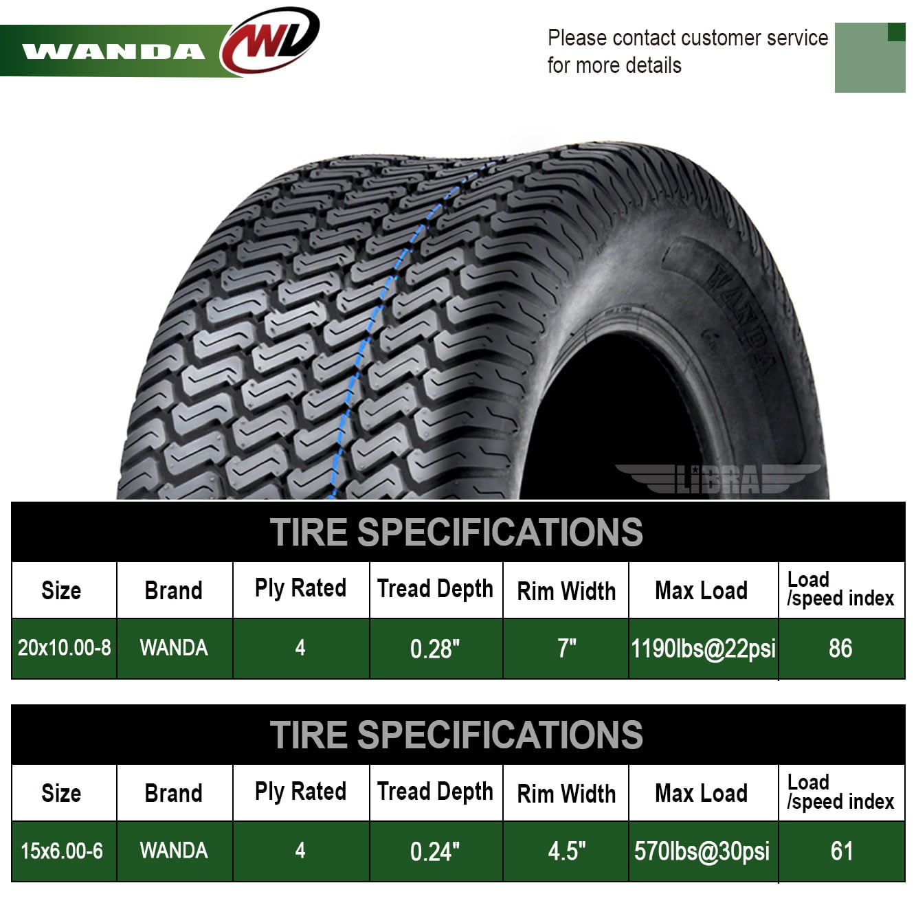 Set of 4 New Lawn Mower Turf Tires 15×6-6 Front and 20×10-8 Rear /4PR -13016-13040