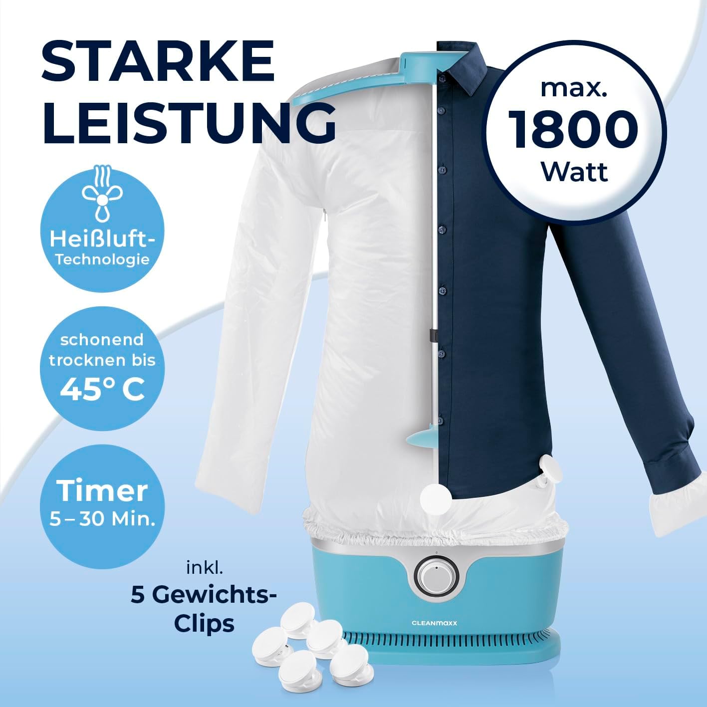 CLEANmaxx Automatischer Hemden-Bügler zum Trocknen und Gltten von Hemden & Blusen inklusive Aufsatz für Hosen | Die innovative und schonende Art, Ihre Wsche zu gltten