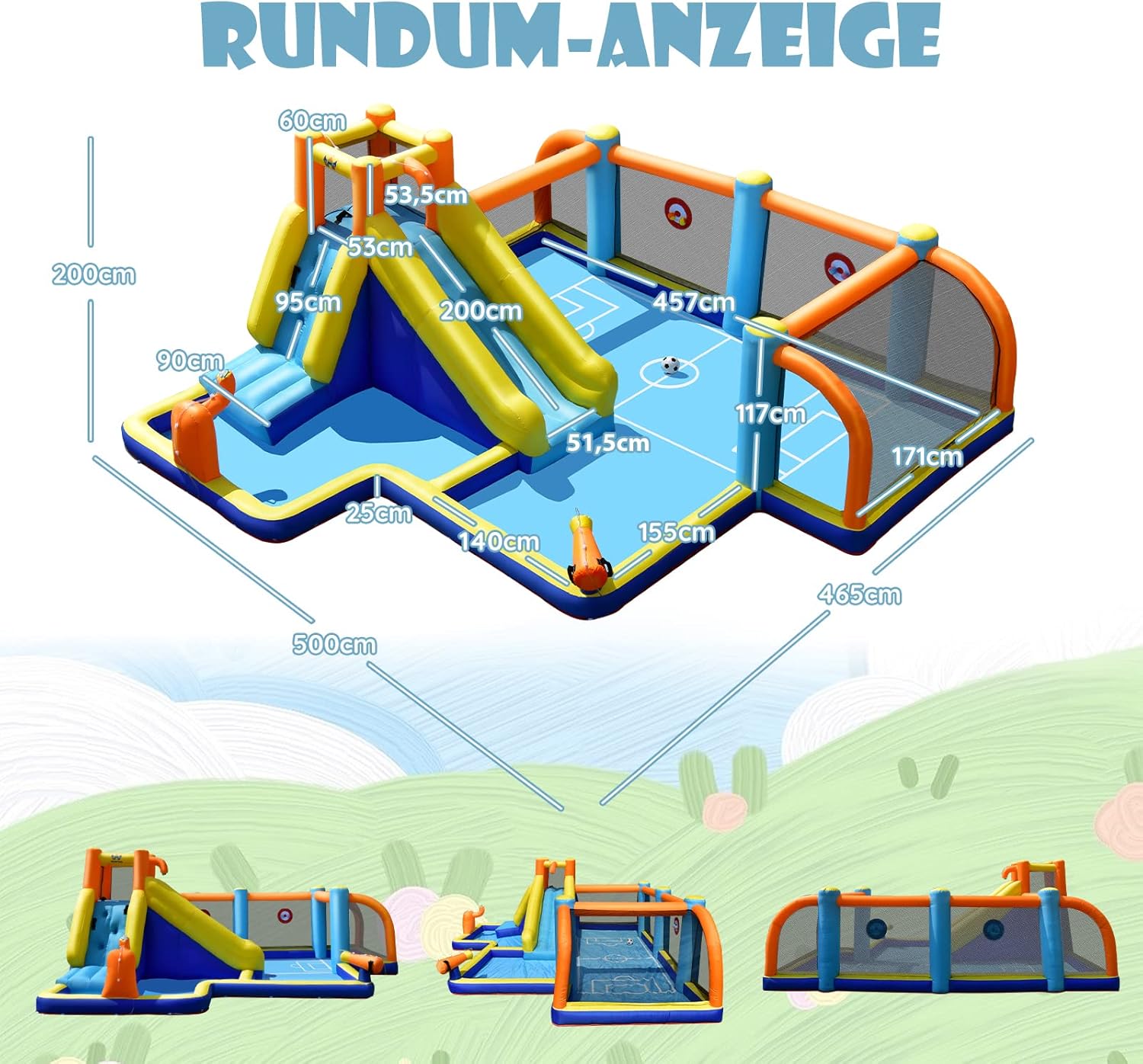 COSTWAY Aufblasbare Hüpfburg mit Gebläse, Wasserrutsche, Planschbecken, Fußballzone, Kletterwand, Zwei Wasserkanonen, und Zielspiel, Spielpool 500 x 465 x 200 cm